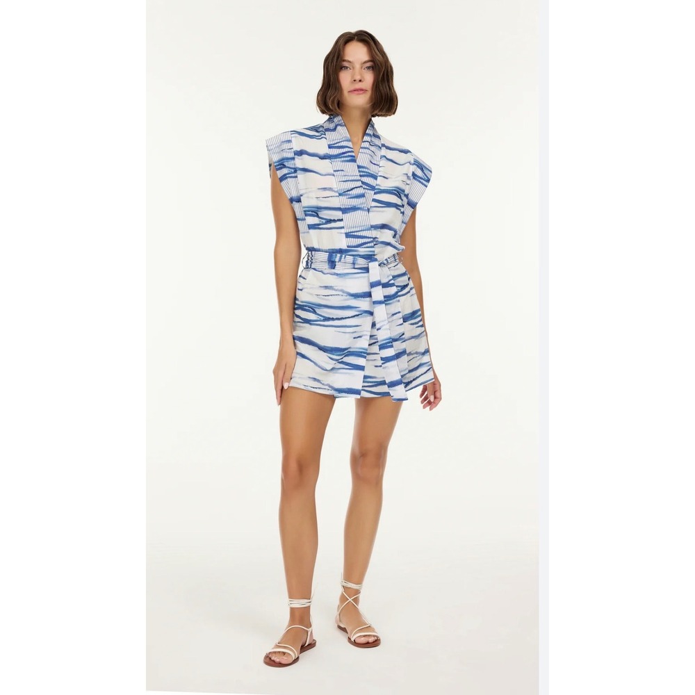 NWT My Beachy Side Janis Belted Tunic Dress Blue White Kaftan Mini‎ One Size